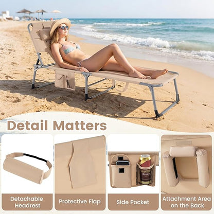 COSTWAY Tanning Chair with Face Hole, Folding Beach Lounge Chair with 4-Position Adjustable Backrest, Pillow & Side Pocket, Foldable Chaise Lounge Chair Outdoor for Sunbathing, Camping (2, Beige)