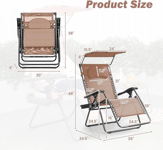 Goplus Zero Gravity Chairs, X-Large Folding Lounge Lawn Chair w/Canopy Shade & Cup Holder - Photo 3
