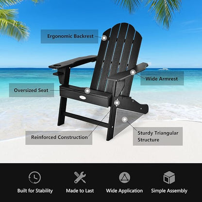 Tangkula Adirondack Chair Outdoor, Fade Resistant HDPE Armchairs with Cup Holder, Weather Resistant Lounger Chairs for Patio Garden Backyard Deck, Lawn Porch Seating, Adirondack Lounger (1, Black)