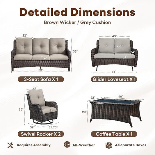 Belord 5 Piece Outdoor Wicker Furniture, Patio Swivel Rocking Chairs with Loveseat and 3 Seat Sofa,All Weather Patio Conversation Furniture Set, for Backyard Poolside Brown Wicker/Gray