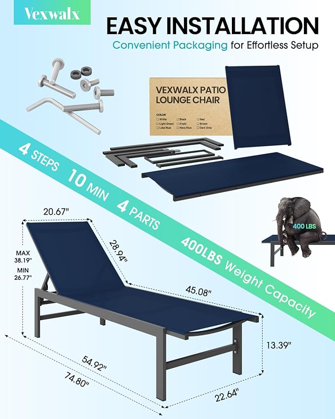 Outdoor Lounge Chairs Set of 2, Aluminum Patio Chaise Lounge Chairs with 5-Position Recliner - Photo 3