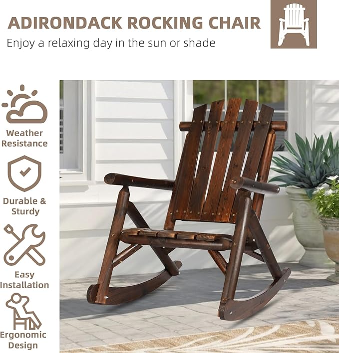 Outdoor Wooden Rocking Chair, Patio Rustic Adirondack Porch Rocker, All Weather Solid Wood Log Rocker Chair with High Back & Slatted Seat for Indoor, Backyard, Garden, Carbonized