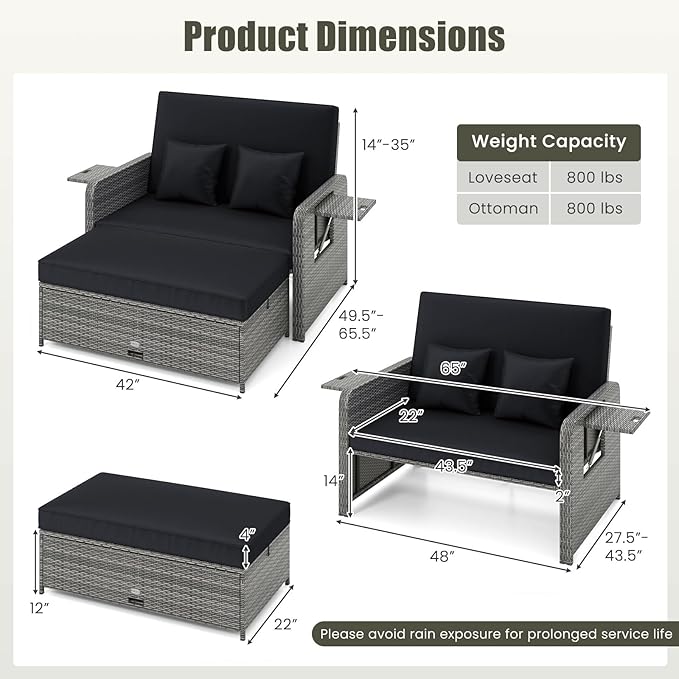 LDAILY Moccha Outdoor Daybed, Wicker Loveseat Sofa Set with 4-Postion Adjustable Backrest, Storage Ottoman, Cushions - Photo 9