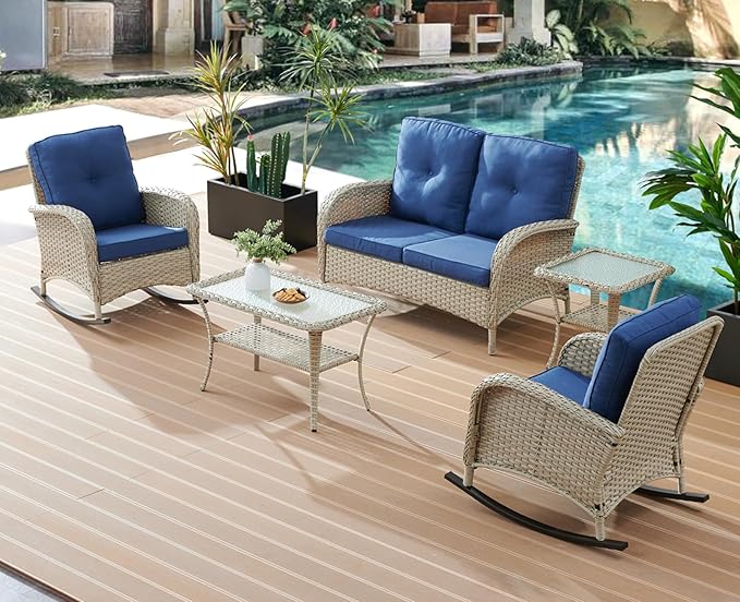 Belord Wicker Conversation Sets Patio Furniture 5 PCS Outdoor Rocking Chairs with Rattan Loveseat, Wicker Table and Chairs Set for Patio Deck Poolside Blue Cushion