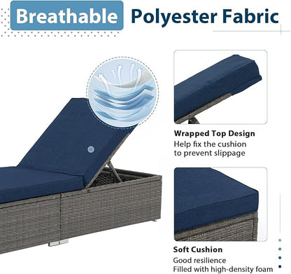 JOIVI Outdoor Patio Chaise Lounge Chairs Set of 2, PE Wicker Patio Pool Lounge Chairs Furniture, Pool Lounger Gray Rattan Adjustable Backrest with Removable Navy Blue Cushion, 250lb Weight Capacity