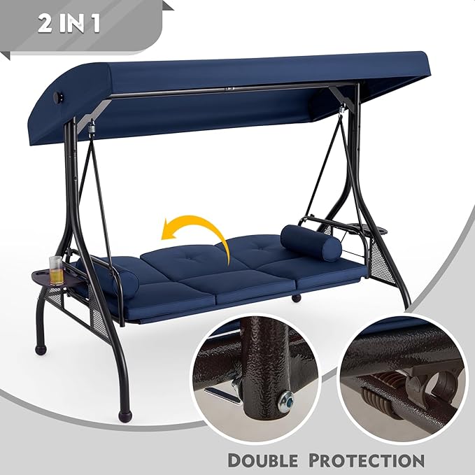 HOMREST 3 Seat Outdoor Porch Swing with Adjustable Canopy, Convertible Patio Swing Bed with Stand - Photo 4