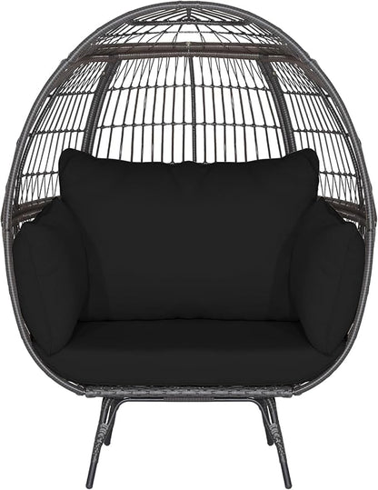 Tangkula PE Wicker Egg Chair, Patiojoy Oversized Indoor Outdoor Patio Lounge Chair with Cushions and Pillows, Steel Frame Basket Chair for Garden, Deck, Balcony, Living Room (Black)