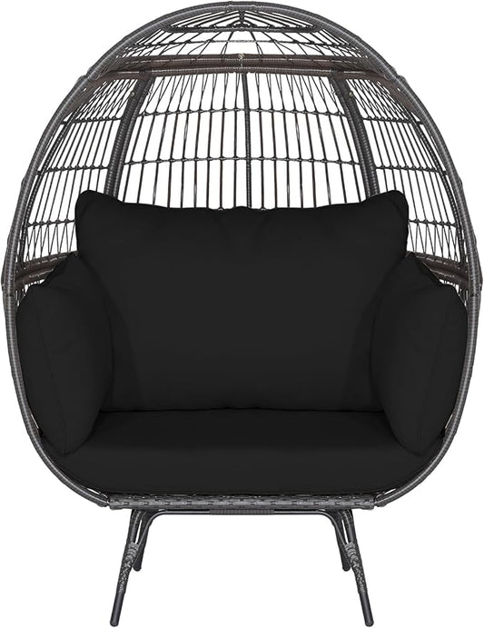 Tangkula PE Wicker Egg Chair, Patiojoy Oversized Indoor Outdoor Patio Lounge Chair with Cushions and Pillows, Steel Frame Basket Chair for Garden, Deck, Balcony, Living Room (Black)