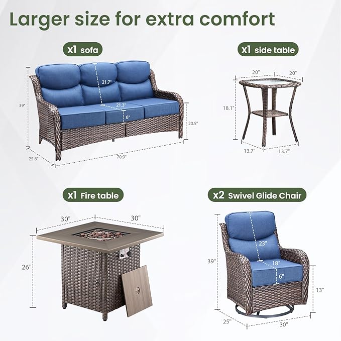Luxury Patio Furniture Set with 6-inch Thick Cushion, Outdoor Furniture with Fire Pit Table, Swivel Chairs, Side Table, Sofa, 5pcs Wicker Conversation Set for Deck Yard and Poolside(Blue)
