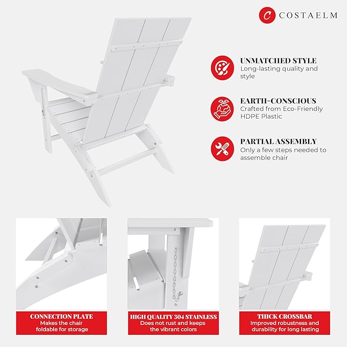 Costaelm Folding Adirondack Chairs, Outdoor Patio Adjustable Lawn Chairs, Weather Resistant Outside Firepit Chairs for Porch, Poolside, Garden, Backyard Deck, White