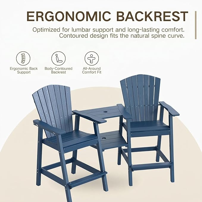 Kingdura Upgraded Tall Adirondack Chairs Set of 2, Weather Resistant HDPE Bar Height Outdoor Stools with Removable Double Connecting Trays, Wooden Grain for Patio, Balcony, Deck (Navy Blue)
