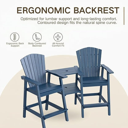 Kingdura Upgraded Tall Adirondack Chairs Set of 2, Weather Resistant HDPE Bar Height Outdoor Stools with Removable Double Connecting Trays, Wooden Grain for Patio, Balcony, Deck (Navy Blue)