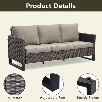 Rilyson Wicker Outdoor Patio Furniture Set - 6 Piece Patio Conversation Set with 2 Armrest Chairs,2 Rattan Ottoman,1 Couch and 1 Metal Side Table for Outside Porch Deck Backyard(Brown/Grey)
