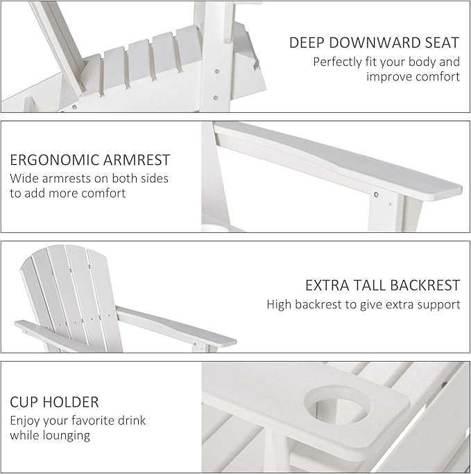 Outsunny Adirondack Chair with Cup Holder, All Weather Patio Chair HDPE Lounger, Fire Pit Seating High Back and Wide Seat for Outdoor, Backyard, Garden, Deck, Lawn, White