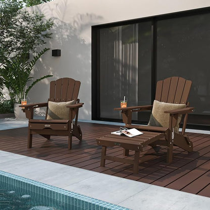 Adjustable Adirondack Chairs with Retractable Ottoman Set of 2, HDEP Folding Adirondack Chair with Footrest & Cup Holder, All Weather Fire Pit Chair for Outdoor,Brown