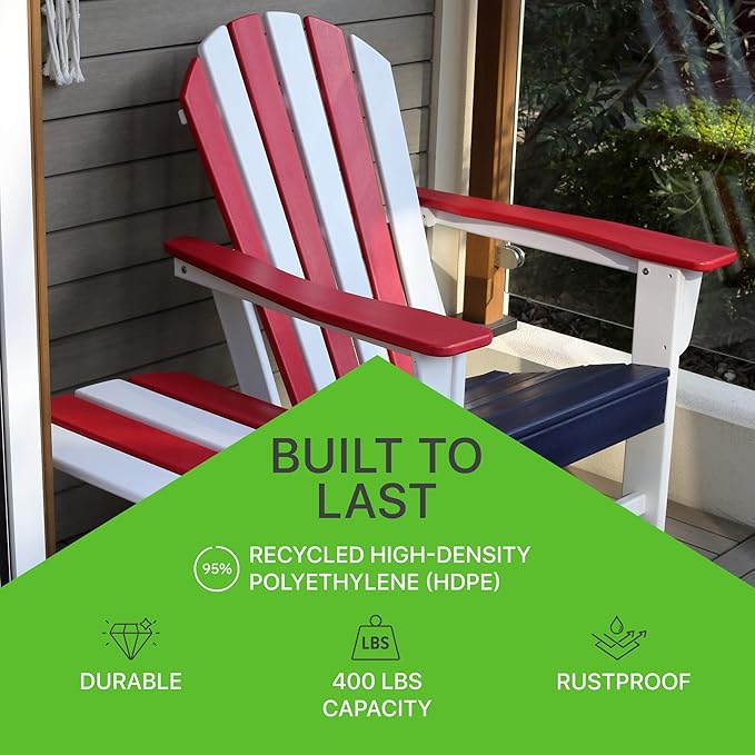 NewTechWood Atlantic Classic Curveback Plastic Weather Resistant Patio Adirondack Chair, Easy Installation, Widely Used in Outdoor, Fire Pit, Deck, Lawn, Outside, Garden Chairs (Patriot)