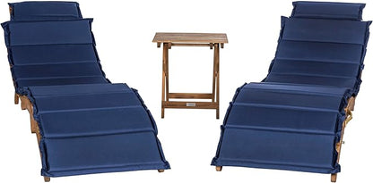 SAFAVIEH Outdoor Collection Pacifica Natural Brown Solid Wood/Navy Cushion 3-Piece Chaise Lounge Set with Table (PAT7020C)