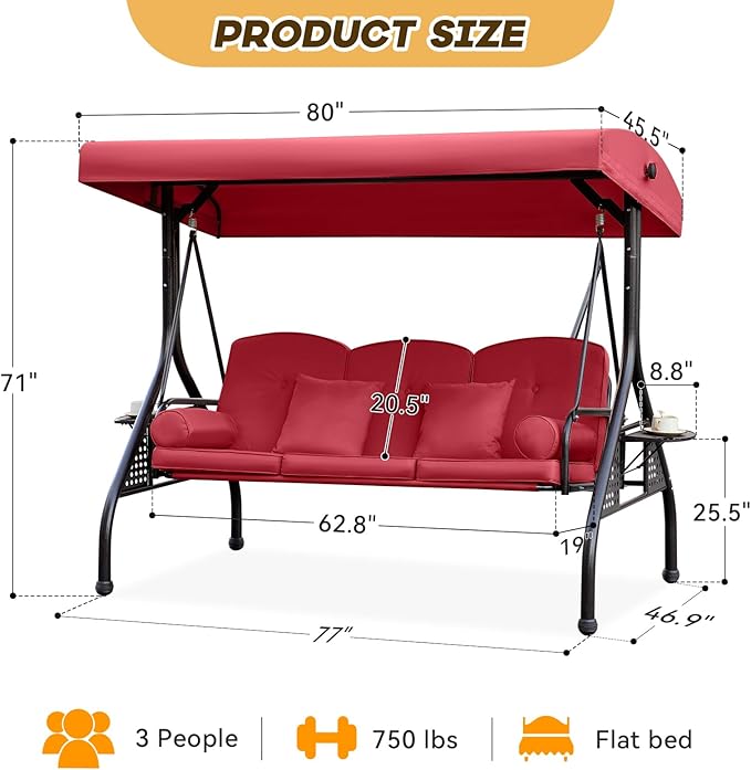 3 in 1 Outdoor Porch Swing with Adjustable Canopy, 3 Seat Outdoor Swing for Adults - Photo 8