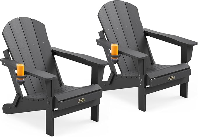 SERWALL Folding Adirondack Chair with Cup Holder Set of 2, All Weather Adirondack Chairs - Photo 1