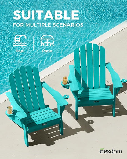 Adirondack Chairs Set of 6, Fire Pit Chairs, Wood Texture Patio Chairs with 2 Cup Holder, Outdoor Lawn Chair, Lakeblue