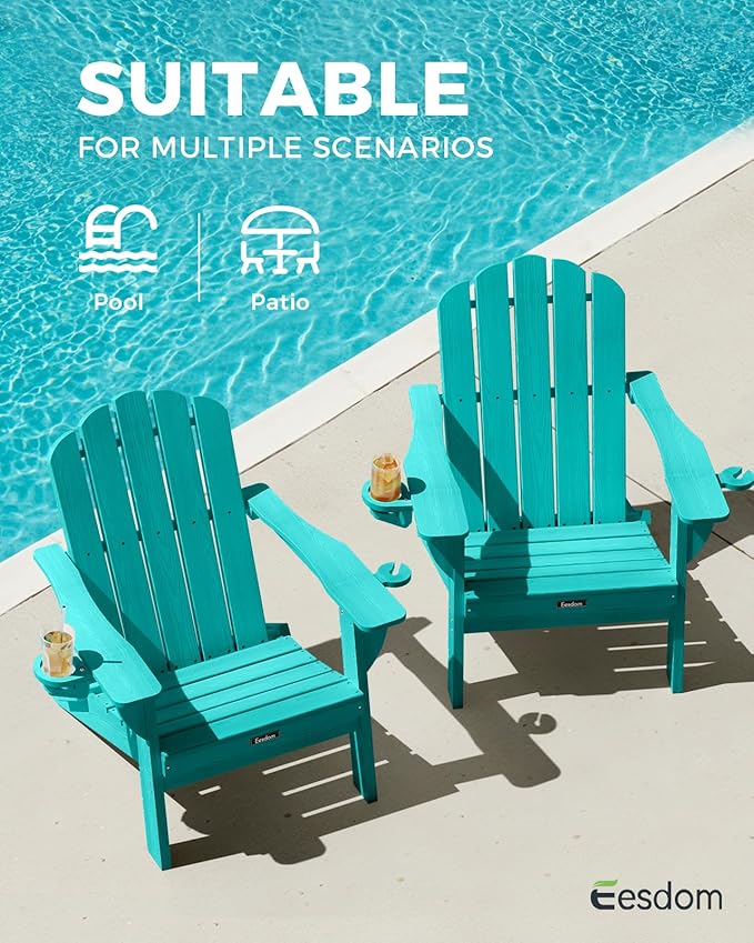 Adirondack Chairs Set of 2, Wood Texture Fire Pit Chairs, Plastic Adirondack Chairs with 2 Cup Holder - Photo 9