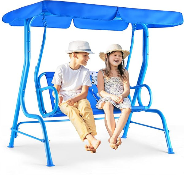 Costzon Kids Porch Swing, All-Weather Patio Swing Bench Hammock w/Adjustable Canopy & Safety Belts for 2 Children - Photo 1