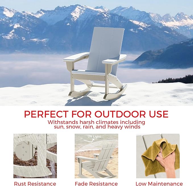 Costaelm Outdoor Adirondack Chair, All Weather Resistant Lawn Chairs Balcony Chair and Fire Pit Chairs, Patio Chair Outdoor Porch Rocking Chair High Back HDPE Poly Lumber, Sand