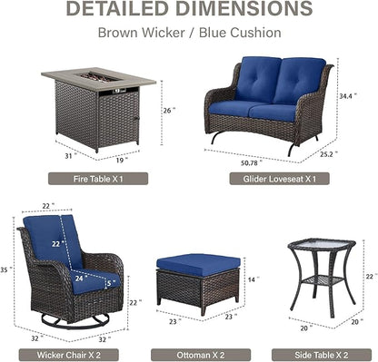 Belord Patio Furniture Set with Fire Pit Table,8 Piece Wicker Outdoor Furniture Set, Swivel Rocker Chairs with Ottomans and Loveseat, All Weather Patio Conversation Set, Pool,Yard, Brown Wicker/Blue