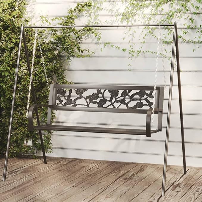 Garden Swing Bench Black Steel Frame 49.2x49.2x16.5 in Rose Pattern Seat Outdoor Seating for Patio Porch Backyard Balcony