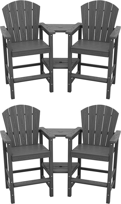 SERWALL Tall Adirondack Chairs Set of 4 with Double Layer Connecting Tray, HDPE Bar Height Outdoor Chairs, Wood-Like Adirondack Bar Stools for Patio, Balcony, Porch, Grey