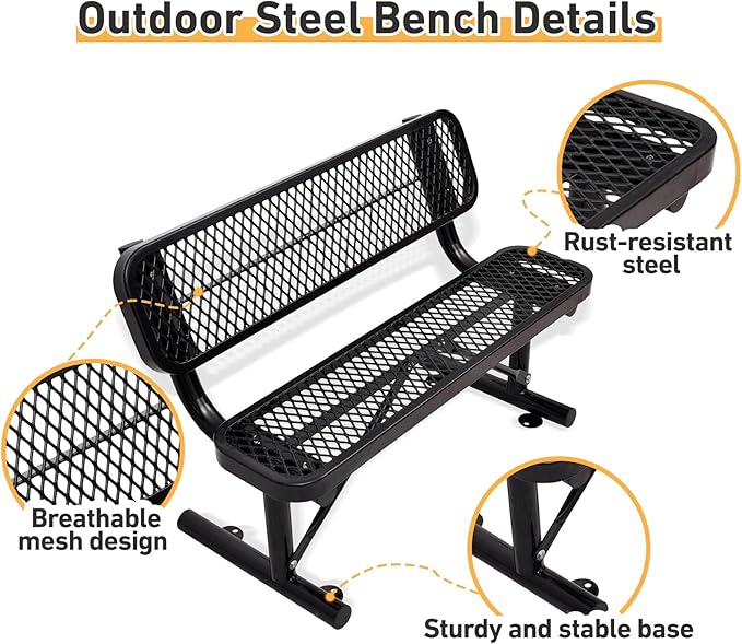 4FT/48INCH Heavy Duty Metal Park Bench for Outside, Outdoor Garden Benches with Backrest & Portable Frame, Expanded Metal Mesh Bench for Shopping Malls, Lawn, Park, Deck, Patio, Porch, Black