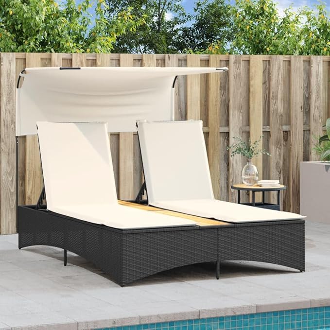 Outdoor Double Sun Lounger with Canopy 62"x21" Adjustable PE Rattan Black Pool Chaise Lounge Chair for Patio Garden - Photo 3