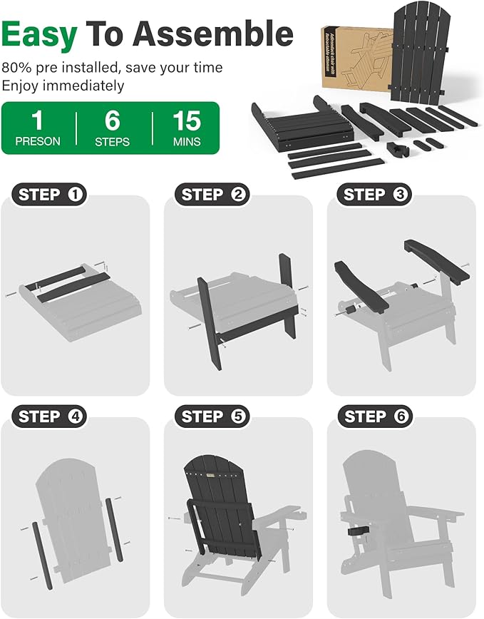 YEFU Adirondack Chair with Retractable Ottoman: Folding Adirondack Chairs Set of 2-5-Level Adjustable Backrest with Footrest - Fire Pit Chairs - Cup Holder - Outdoor Plastic Chair for Patio