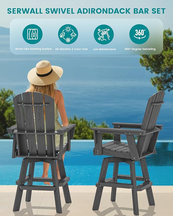 SERWALL 3-Piece Swivel Adirondack Bar Set, HDPE Swivel Bar Height Chairs Set of 2 with Bar Table - Photo 6