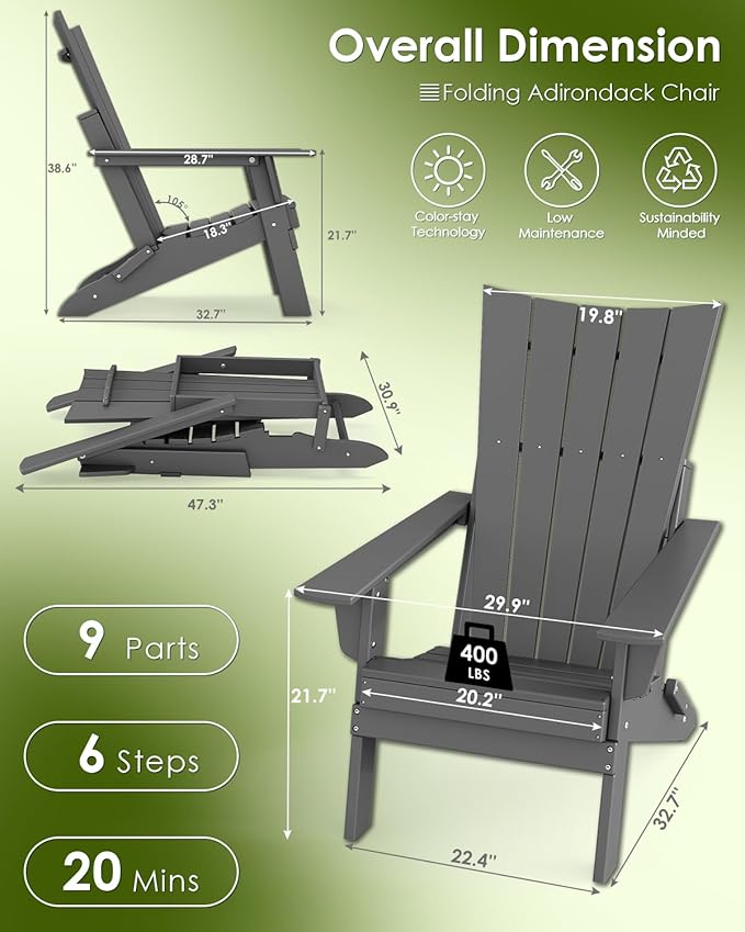 GREENVINES Folding-Adirondack-Chairs-Set-of-4 | HDPE Plastic | Arch Series | Fire Pit Chair | All Weather | for Outdoor Patio Deck Backyard Poolside | Grey