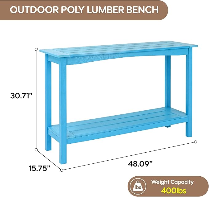 Weatherproof HIPS Outdoor Console Table, 48'' 2-Shelf SideTable Indoor/Outdoor Use, Multifunctional Buffet Table Bar Storage Organizer for Entryway,Yard, Outside Plant Stand Table, Blue
