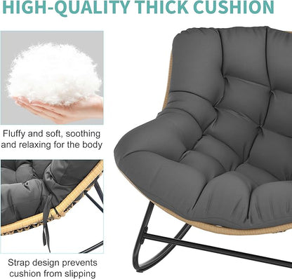 Fancyango Oversized Egg Rocking Chair for Indoor/Outdoor – All-Weather Wicker Rattan Lounge Chair with Cushion, Patio Rocker for Porch, Garden, or Balcony (Dark Grey1, 37.8" D x 36.6" W x 33" H)