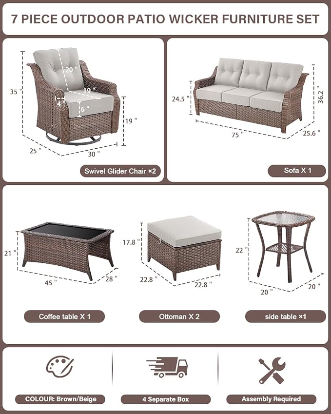 Belord 7 Piece Patio Furniture Set - High Back Swivel Rocker Glider Outdoor Chairs with 3-Seat Sofa and Ottoman - Photo 2