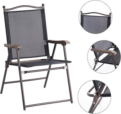 Giantex Set of 2 Patio Folding Chairs, Outdoor Patio Dining Chairs w/Armrest, Sling Back, Metal Frame, Outside Use for Lawn Camping Garden Pool Beach Yard Lounge, No Assembly, Black