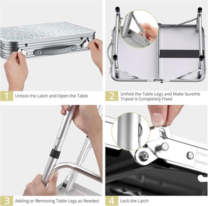Anbte 2ft Camping Table Foldable, 3 Adjustable Heights 26.3" Aluminum Small Folding Table with Storage Net, Lightweight, Portable Handle for Travel Outdoor Beach Picnic, 23.2" x 16", Silver