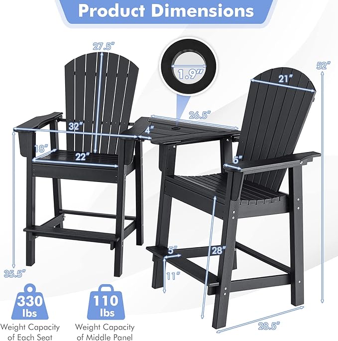 Giantex Tall Adirondack Chair Set of 2 - Outdoor HDPE Barstools w/Middle Connecting Tray & Umbrella Hole, Counter Height Bar Chair, Weather Resistant, Ideal for Patio, Backyard, Poolside (Black)