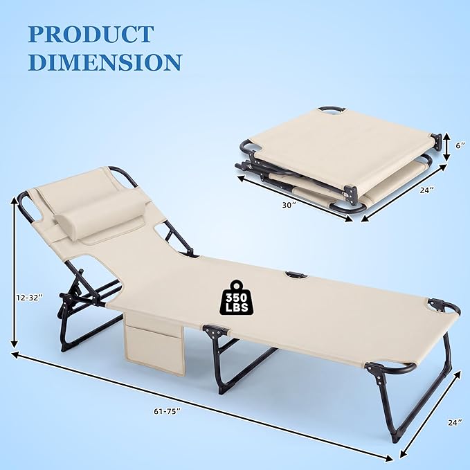 3-in-1 Sun Tanning Chair with Face Holes, Folding Chaise Lounge Chairs, 5-Position Adjustable Lounge Chair Outdoor with 2 Side Pocket & Pillow, for Pool Beach, Patio, Camping, Beige