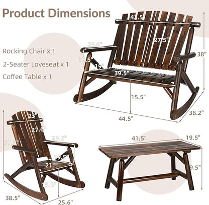3-Piece Outdoor Wood Rocking Bistro Set, Rustic Wooden Conversation Set Including 2-Seater Loveseat, Log Rocker Chair and Coffee Table, Patio Furniture Chair Set for Lawn Yard, Carbonized