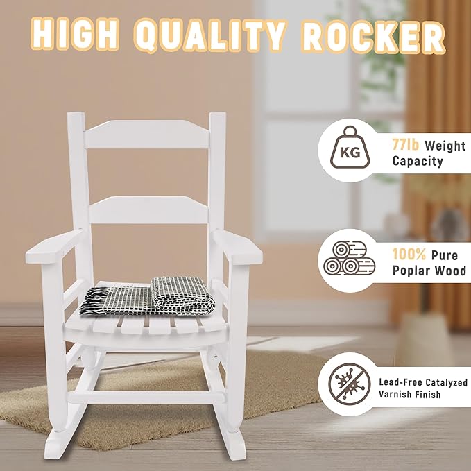 Toddler Rocking Chair Kids Wooden Indoor for Comfy Recliner Rocker for Baby Ages 3-6 Outdoor Lounge Children Playroom Anti-Tip Design Safe & Sturdy White