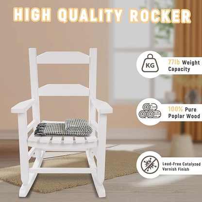 Toddler Rocking Chair Kids Wooden Indoor for Comfy Recliner Rocker for Baby Ages 3-6 Outdoor Lounge Children Playroom Anti-Tip Design Safe & Sturdy White
