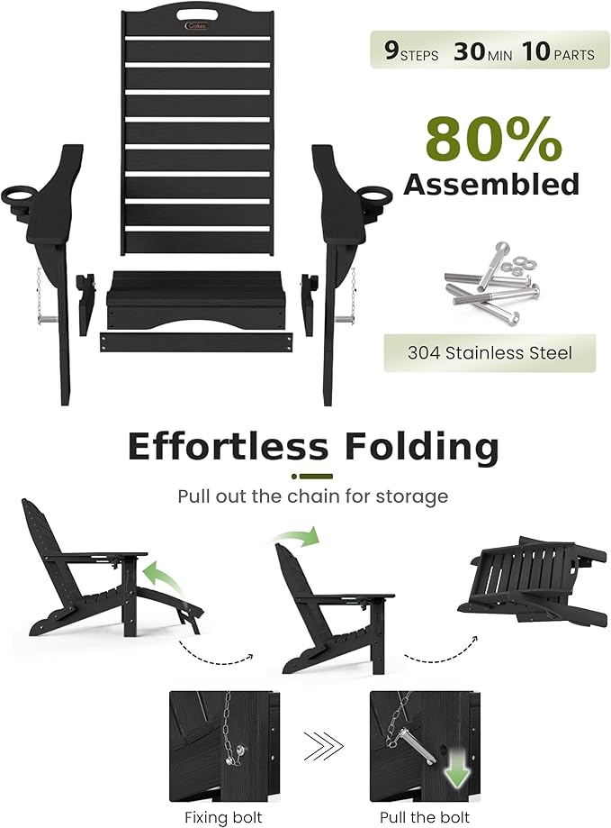 Ciokea Folding Adirondack Chair with Retractable Ottoman Fire Pit Patio Chair with Pull Out Foot Rest Weather Resistant - Photo 7