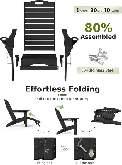 Ciokea Folding Adirondack Chair Set of 2 with Retractable Ottoman, Outdoor Fire Pit Chair with Pull Out Foot Rest Weather Resistant Lawn Patio Chair with 2 Cup Holder (Black)