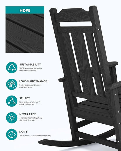 SERWALL Oversized Rocking Chair Outdoor, HDPE Outdoor Rocking Chair for Adults, Heavy Duty Front Porch Rocker Black
