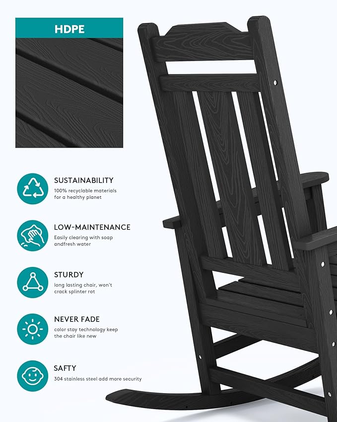 SERWALL HDPE Outdoor Rocking Chair Black Set of 8, All Weather Patio Rocking Chair, Poly Rocking Chair for Adults