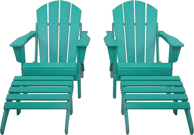 WestinTrends Malibu Outdoor Lounge Chair Set, 4-Pieces Adirondack Chair Set of 2 with Ottoman, All Weather Poly Lumber Patio Lawn Folding Chair for Outside Pool Beach, Turquoise